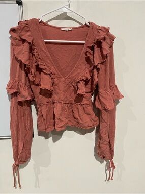 Tularosa Rust Ruffle V-Neck Long Sleeve Top